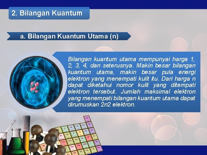 2. Bilangan Kuantum a. Bilangan Kuantum Utama (n) Bilangan kuantum utama mempunyai harga 1,