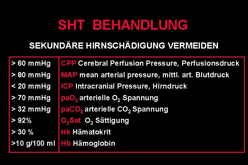 SHT BEHANDLUNG SEKUNDÄRE HIRNSCHÄDIGUNG VERMEIDEN > 60 mm. Hg CPP Cerebral Perfusion Pressure, Perfusionsdruck