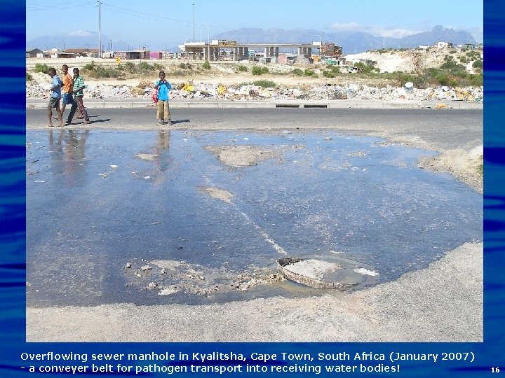 Overflowing sewer manhole in Kyalitsha, Cape Town, South Africa (January 2007) - a conveyer