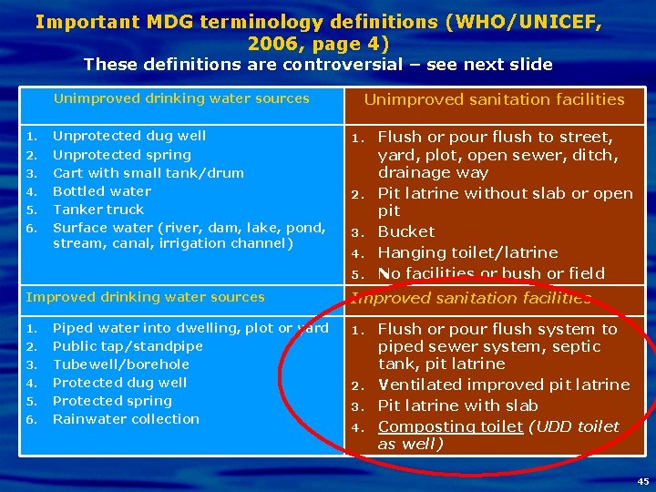 Important MDG terminology definitions (WHO/UNICEF, 2006, page 4) These definitions are controversial – see