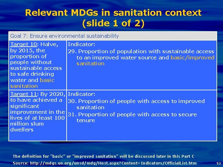 Relevant MDGs in sanitation context (slide 1 of 2) Goal 7: Ensure environmental sustainability