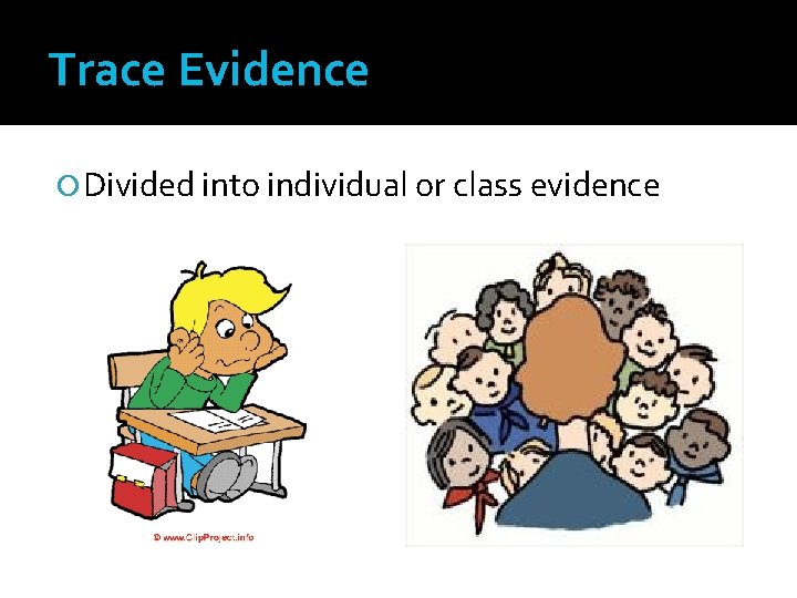 Trace Evidence Divided into individual or class evidence 