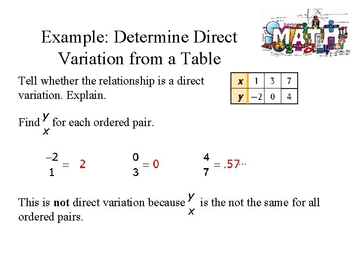 Example: Determine Direct Variation from a Table Tell whether the relationship is a direct