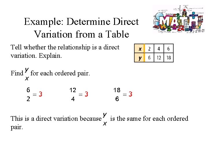 Example: Determine Direct Variation from a Table Tell whether the relationship is a direct