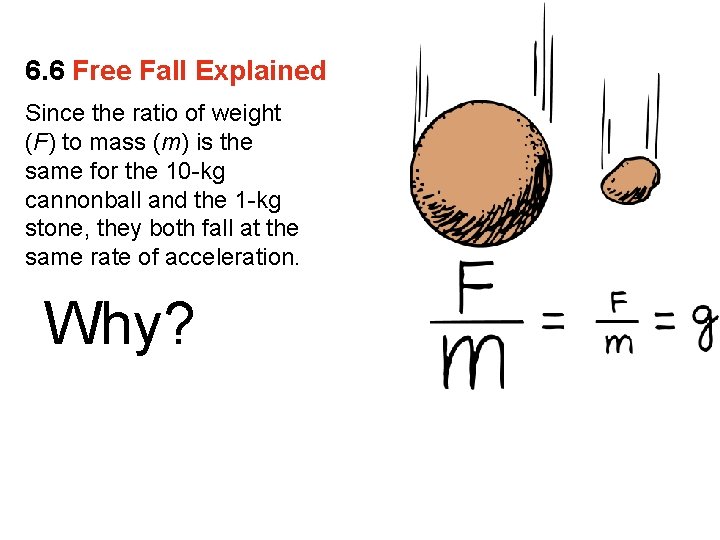 6. 6 Free Fall Explained Since the ratio of weight (F) to mass (m)