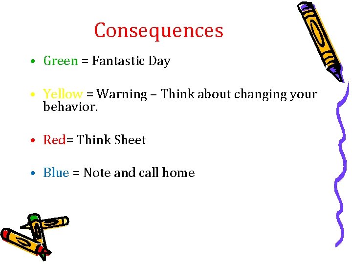 Consequences • Green = Fantastic Day • Yellow = Warning – Think about changing