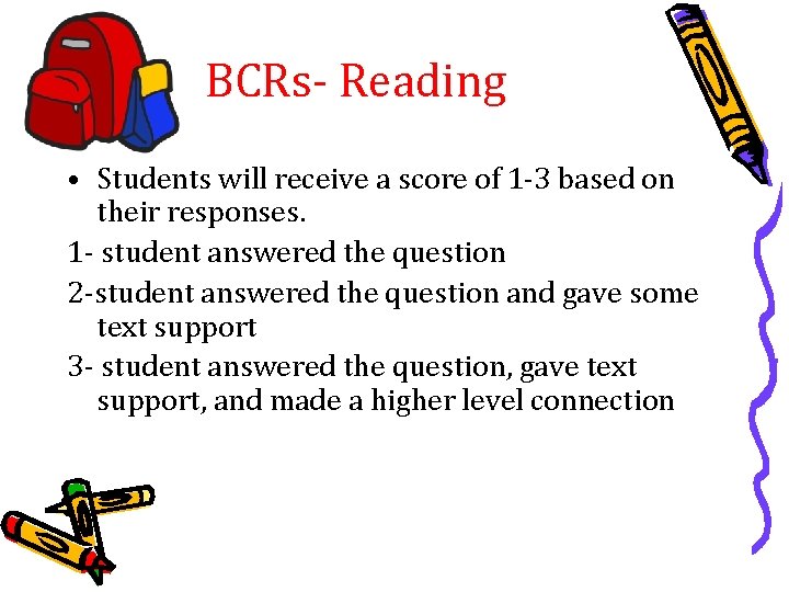 BCRs- Reading • Students will receive a score of 1 -3 based on their