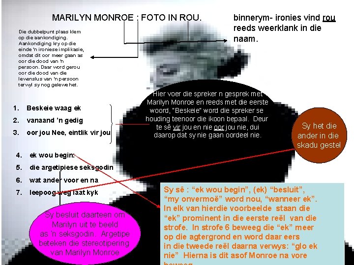 MARILYN MONROE : FOTO IN ROU. Die dubbelpunt plaas klem op die aankondiging. Aankondiging
