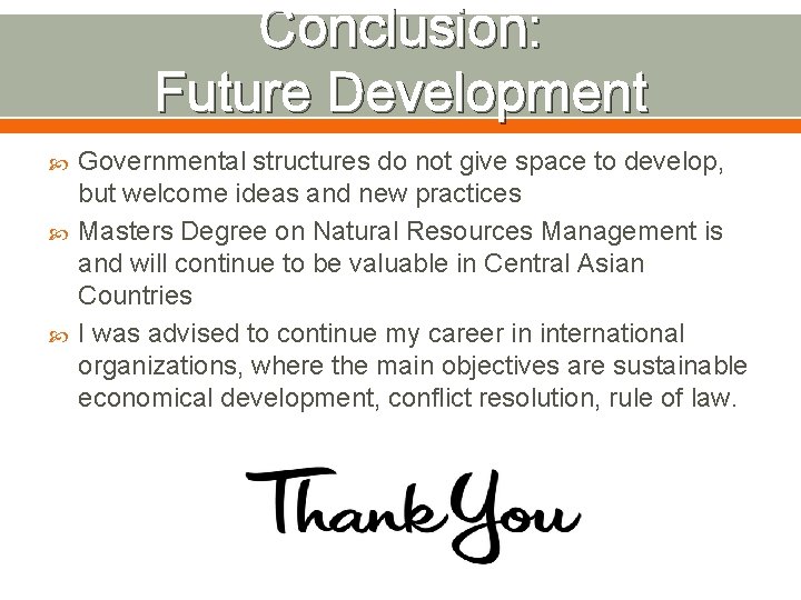 Conclusion: Future Development Governmental structures do not give space to develop, but welcome ideas