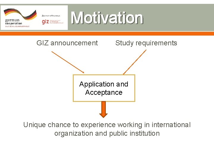 Motivation GIZ announcement Study requirements Application and Acceptance Unique chance to experience working in