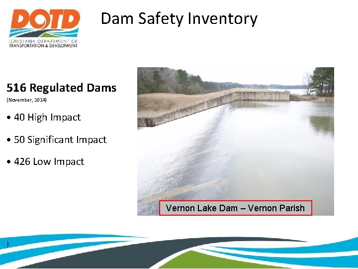 Dam Safety Inventory 516 Regulated Dams (November, 2014) • 40 High Impact • 50