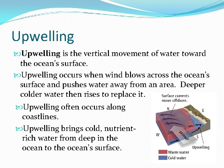 Upwelling is the vertical movement of water toward the ocean’s surface. Upwelling occurs when