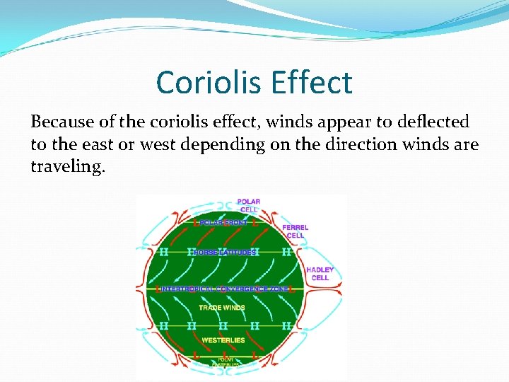 Coriolis Effect Because of the coriolis effect, winds appear to deflected to the east