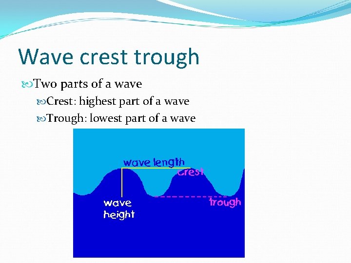 Wave crest trough Two parts of a wave Crest: highest part of a wave