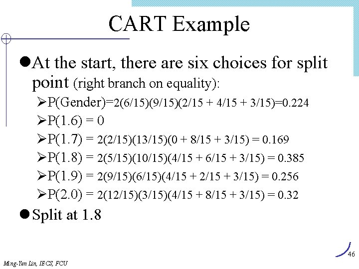 CART Example l. At the start, there are six choices for split point (right