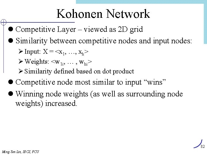 Kohonen Network l Competitive Layer – viewed as 2 D grid l Similarity between
