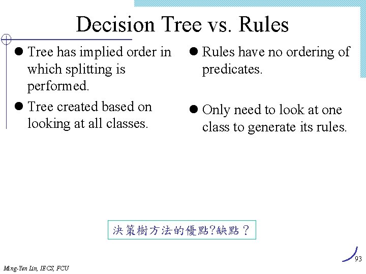 Decision Tree vs. Rules l Tree has implied order in which splitting is performed.