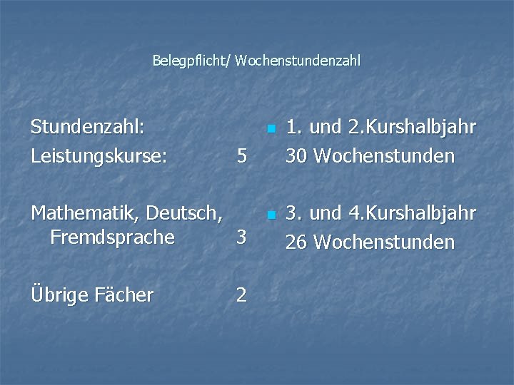 Belegpflicht/ Wochenstundenzahl Stundenzahl: Leistungskurse: n 5 Mathematik, Deutsch, Fremdsprache 3 Übrige Fächer 2 n