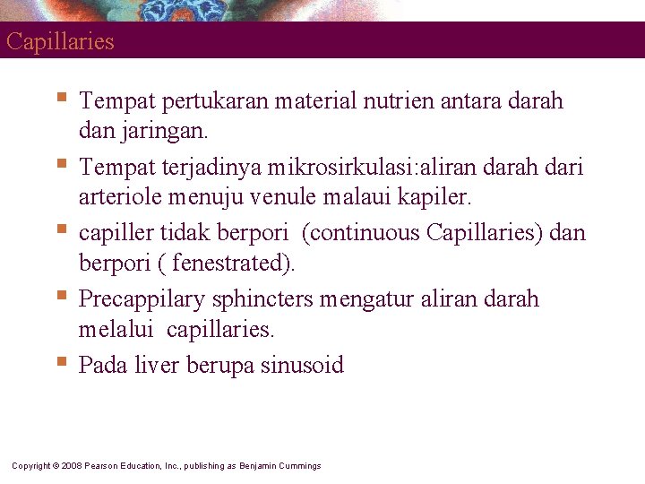 Capillaries § § § Tempat pertukaran material nutrien antara darah dan jaringan. Tempat terjadinya