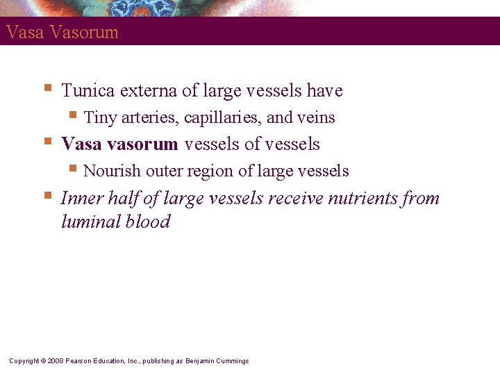 Vasa Vasorum § Tunica externa of large vessels have § Tiny arteries, capillaries, and Vasa Vasorum § Tunica externa of large vessels have § Tiny arteries, capillaries, and