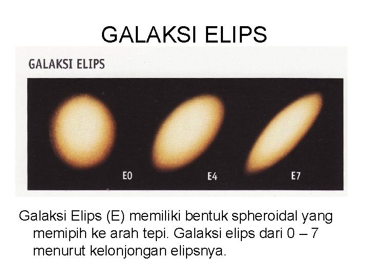 GALAKSI ELIPS Galaksi Elips (E) memiliki bentuk spheroidal yang memipih ke arah tepi. Galaksi