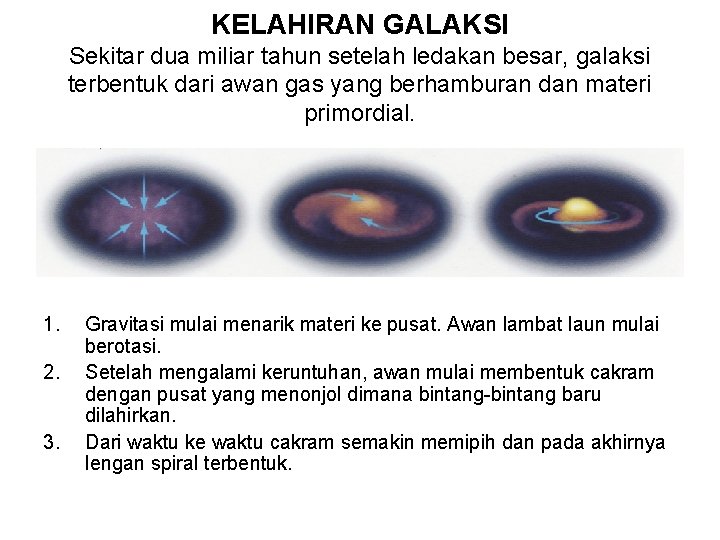 KELAHIRAN GALAKSI Sekitar dua miliar tahun setelah ledakan besar, galaksi terbentuk dari awan gas