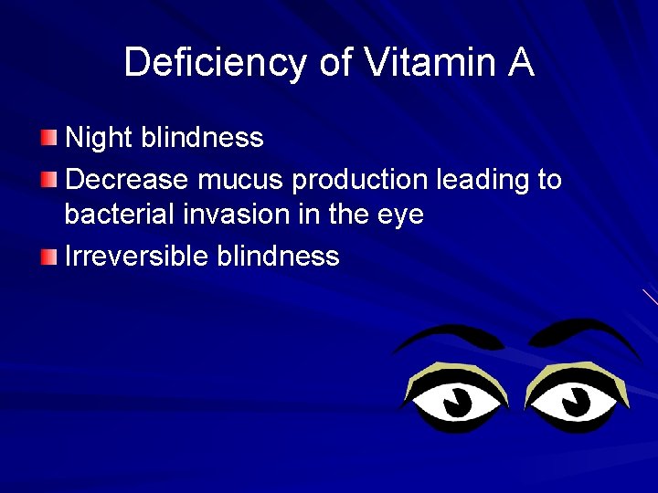 Deficiency of Vitamin A Night blindness Decrease mucus production leading to bacterial invasion in