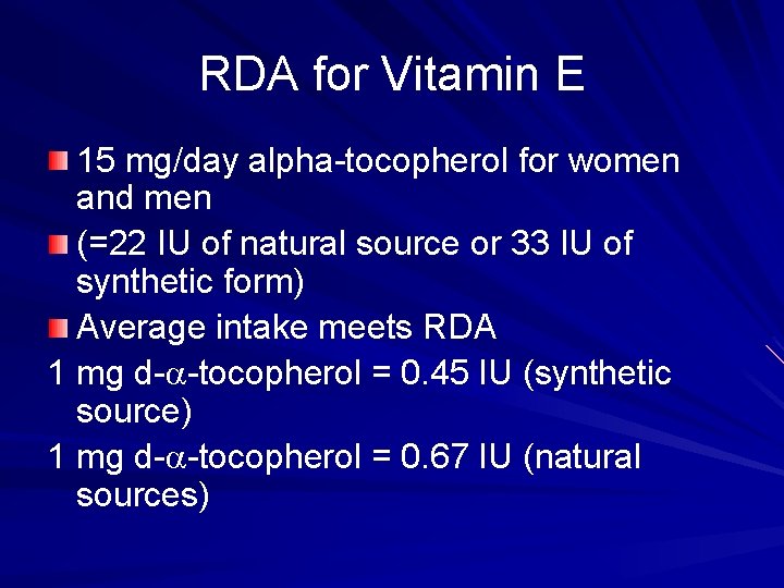 RDA for Vitamin E 15 mg/day alpha-tocopherol for women and men (=22 IU of