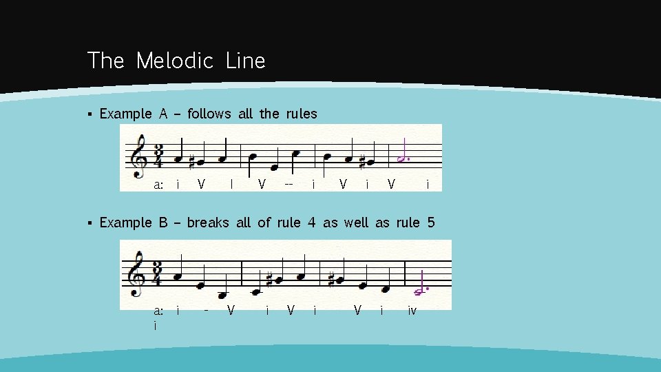 The Melodic Line ▪ Example A – follows all the rules a: i V
