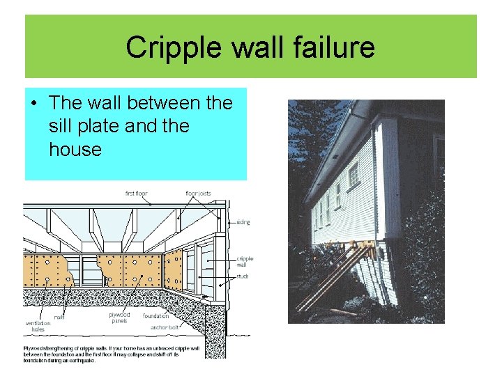 Cripple wall failure • The wall between the sill plate and the house 
