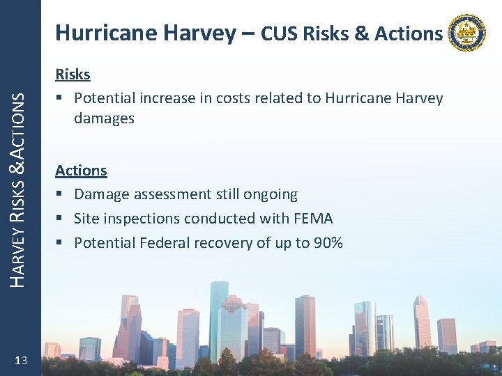 HARVEY RISKS &ACTIONS Hurricane Harvey – CUS Risks & Actions 13 Risks § Potential