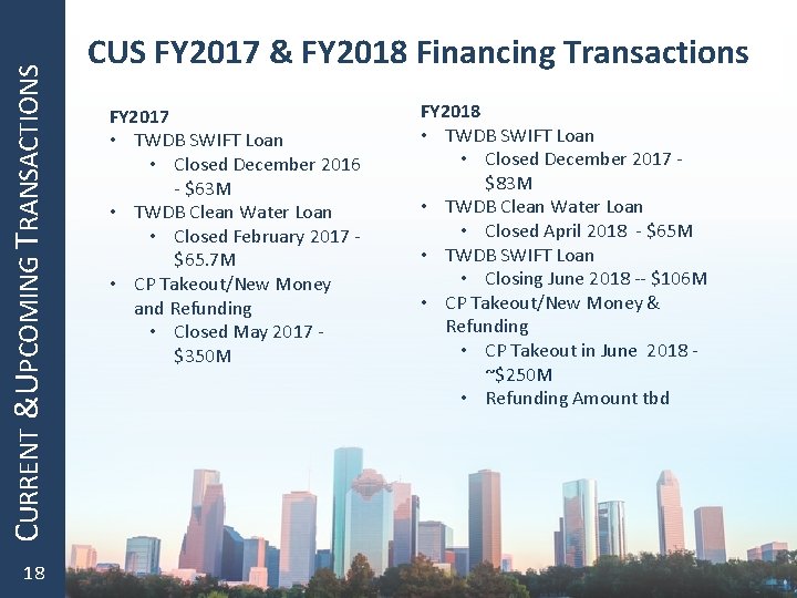 CURRENT &UPCOMING TRANSACTIONS 18 CUS FY 2017 & FY 2018 Financing Transactions FY 2017