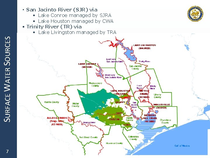 SURFACE WATER SOURCES • San Jacinto River (SJR) via § Lake Conroe managed by