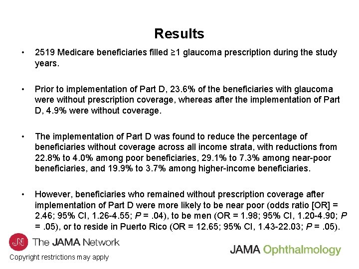 Results • 2519 Medicare beneficiaries filled ≥ 1 glaucoma prescription during the study years.