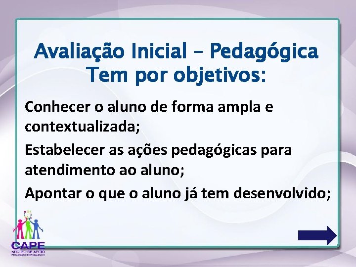 Avaliação Inicial – Pedagógica Tem por objetivos: Conhecer o aluno de forma ampla e