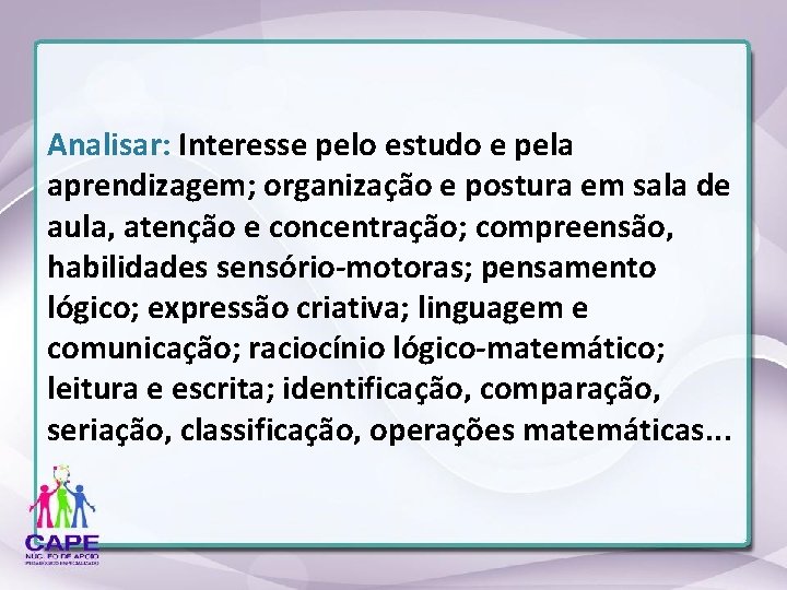 Analisar: Interesse pelo estudo e pela aprendizagem; organização e postura em sala de aula,