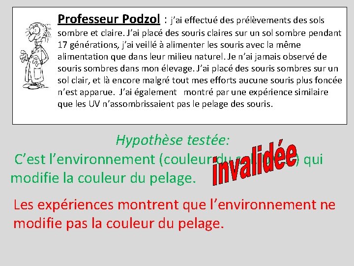 Professeur Podzol : j’ai effectué des prélèvements des sols sombre et claire. J’ai placé