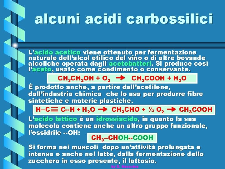 alcuni acidi carbossilici L’acido acetico viene ottenuto per fermentazione naturale dell’alcol etilico del vino