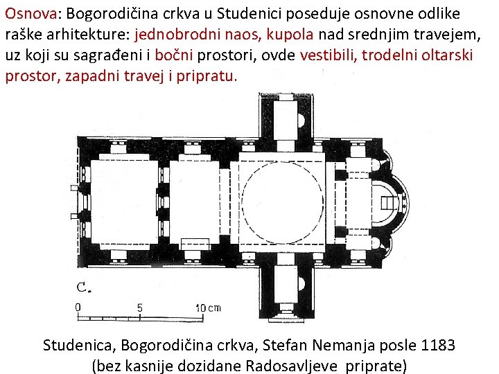 Osnova: Bogorodičina crkva u Studenici poseduje osnovne odlike raške arhitekture: jednobrodni naos, kupola nad