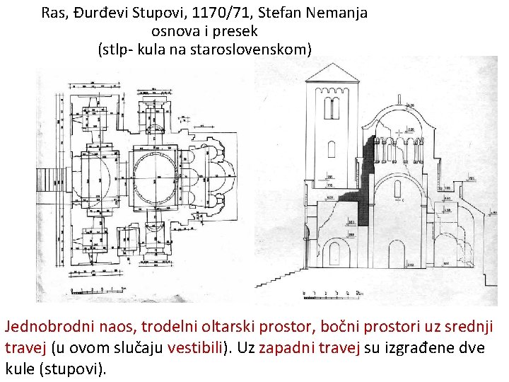 Ras, Đurđevi Stupovi, 1170/71, Stefan Nemanja osnova i presek (stlp- kula na staroslovenskom) Jednobrodni