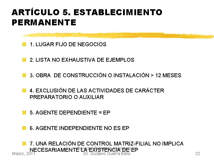 ARTÍCULO 5. ESTABLECIMIENTO PERMANENTE z 1. LUGAR FIJO DE NEGOCIOS z 2. LISTA NO