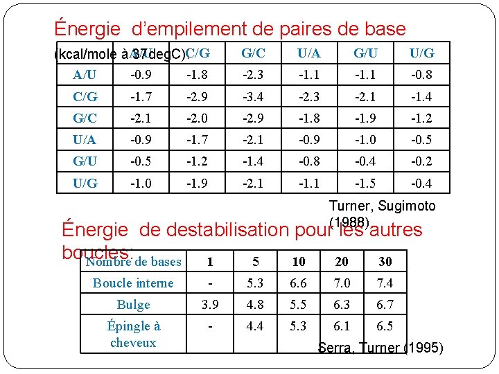 Énergie d’empilement de paires de base A/U C/G G/C U/A G/U U/G (kcal/mole à