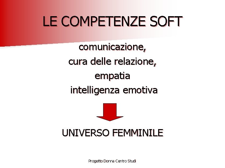 LE COMPETENZE SOFT comunicazione, cura delle relazione, empatia intelligenza emotiva UNIVERSO FEMMINILE Progetto Donna