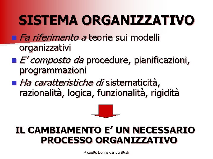 SISTEMA ORGANIZZATIVO n Fa riferimento a teorie sui modelli organizzativi n E’ composto da