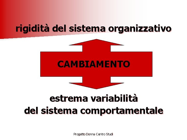 rigidità del sistema organizzativo CAMBIAMENTO estrema variabilità del sistema comportamentale Progetto Donna Centro Studi