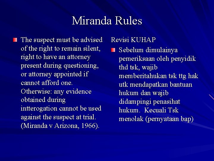 Miranda Rules The suspect must be advised Revisi KUHAP of the right to remain