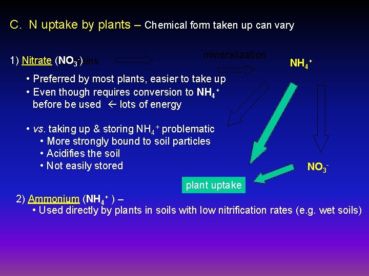 C. N uptake by plants – Chemical form taken up can vary 1) Nitrate