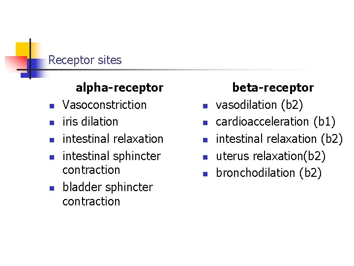 Receptor sites n n n alpha-receptor Vasoconstriction iris dilation intestinal relaxation intestinal sphincter contraction