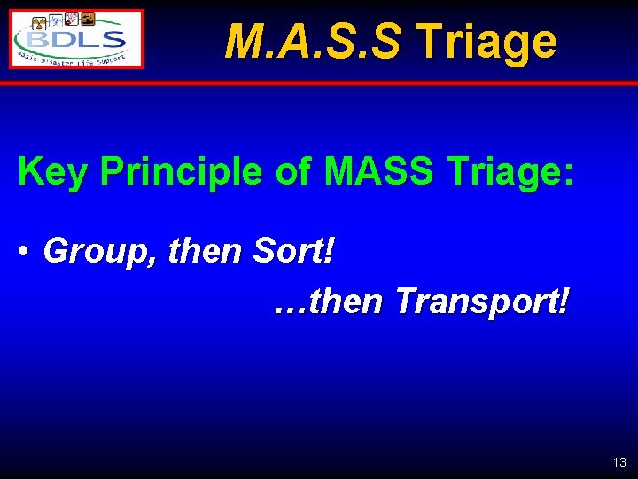 M. A. S. S Triage Key Principle of MASS Triage: • Group, then Sort!