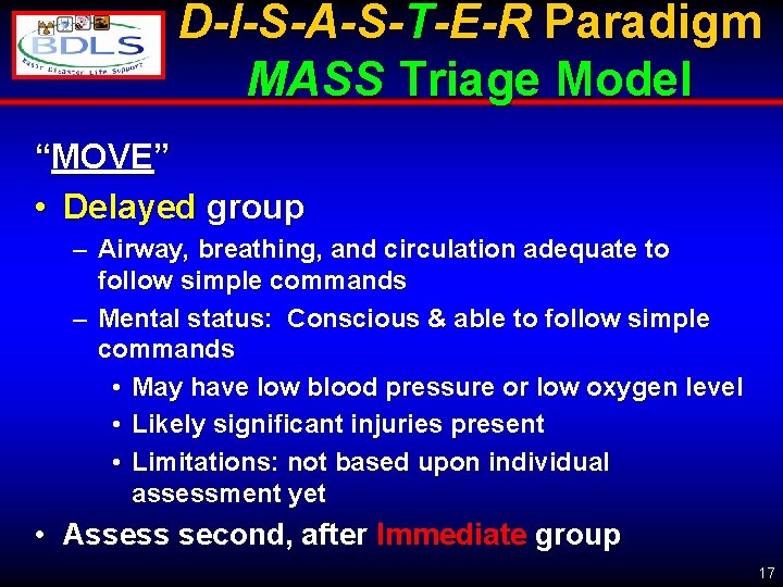 D-I-S-A-S-T-E-R Paradigm MASS Triage Model “MOVE” • Delayed group – Airway, breathing, and circulation